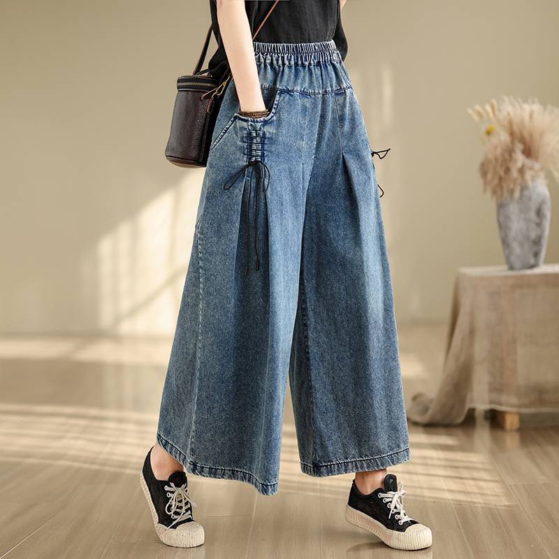 Large Size Denim Wide-leg Pants Elastic Waist Loose and Thin Casual All-match Straight Wide-leg Pants for Women