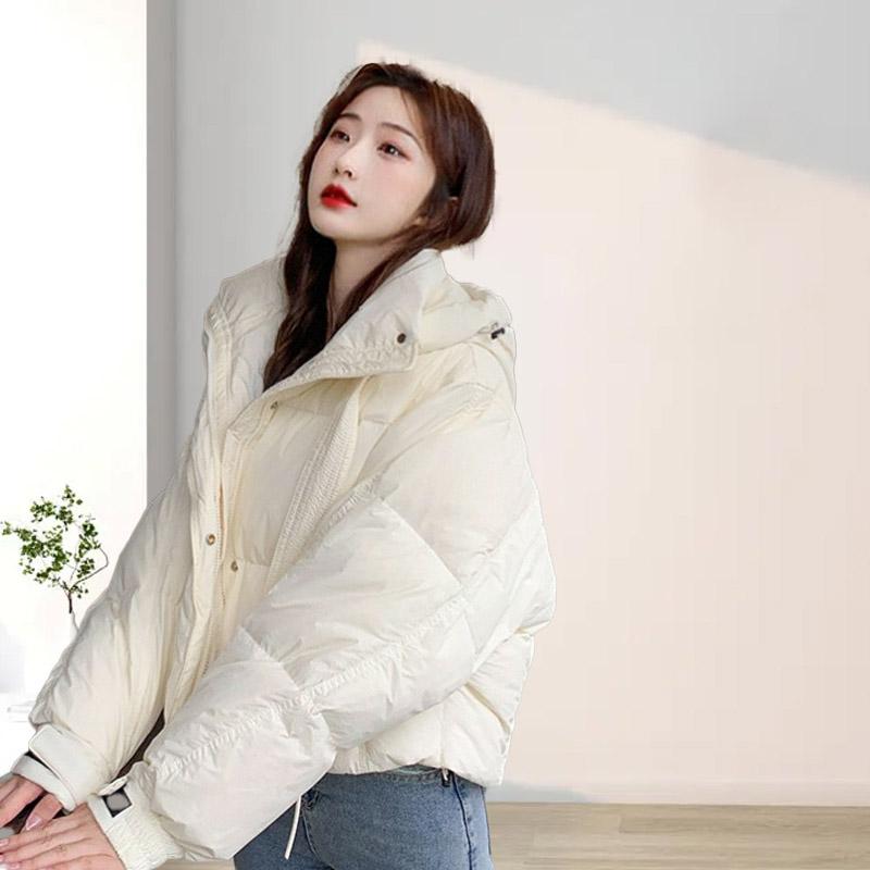 Короткая куртка-пуховик женская толстая белая утиная пуховая куртка с капюшоном однотонная