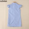 VONDA Summer Women Lapel Neck Sleeveless Plaid Print Casual Loose Dress Sundress