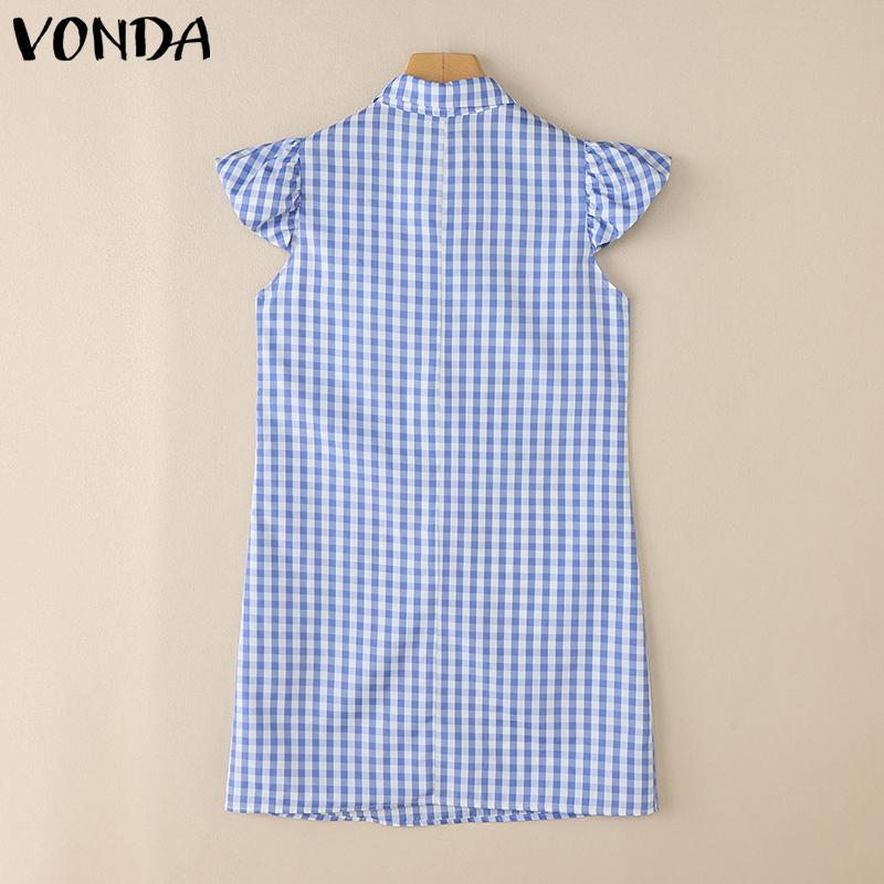 VONDA Summer Women Lapel Neck Sleeveless Plaid Print Casual Loose Dress Sundress