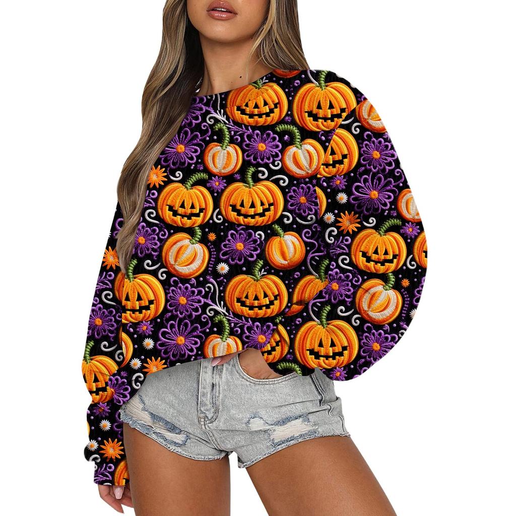 Свитшоты для женщин с длинным рукавом на Хэллоуин, повседневные, с круглым вырезом, свободные, пуловеры, свитшоты, топы