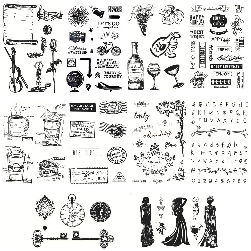 Seimeinoki Прозрачный набор европейских ретро силиконовых штампов с английскими надписями и напитками, многоразовый, для планера, писем, ручной работы, DIY и эмбоссинга