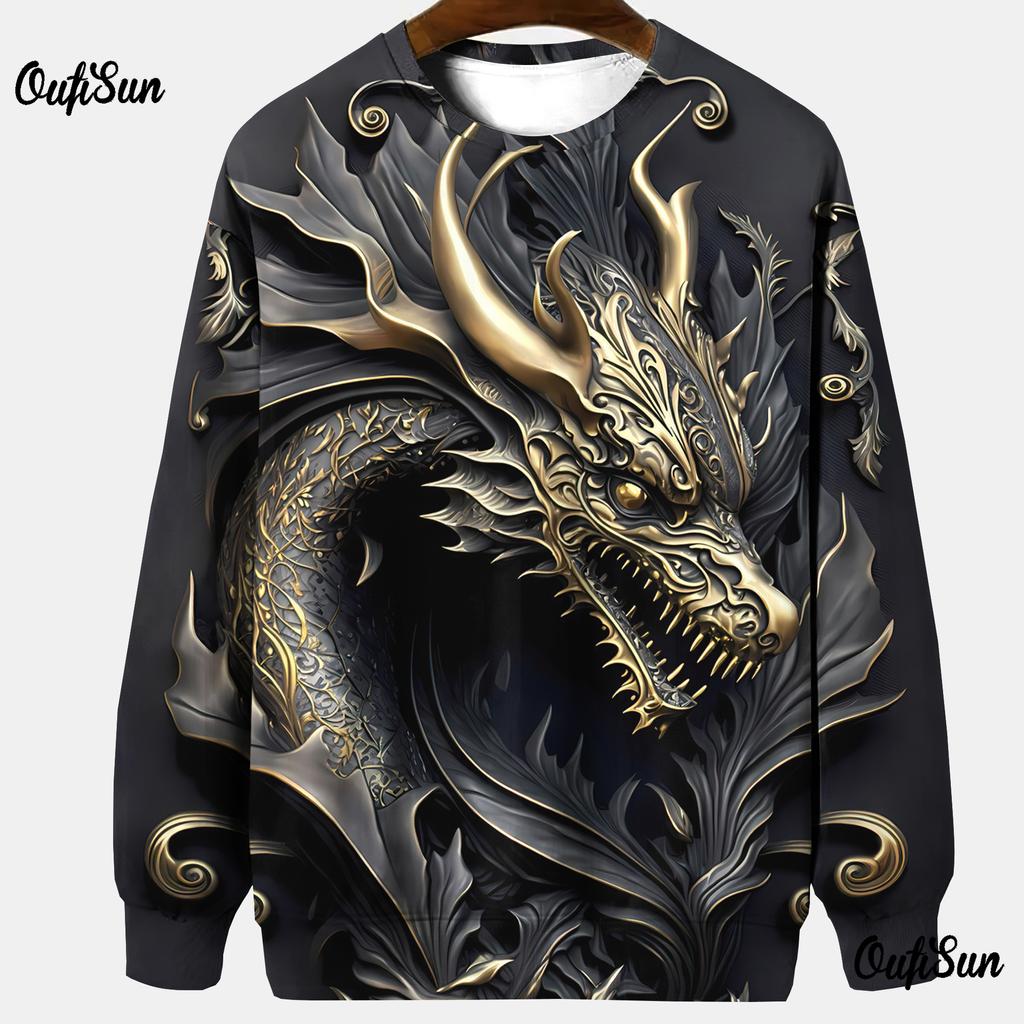 Толстовки с животными для мужчин Толстовка без шапки Футболки с рисунком дракона 3D-печать Мужская одежда больших размеров Топы Толстовка-пуловер