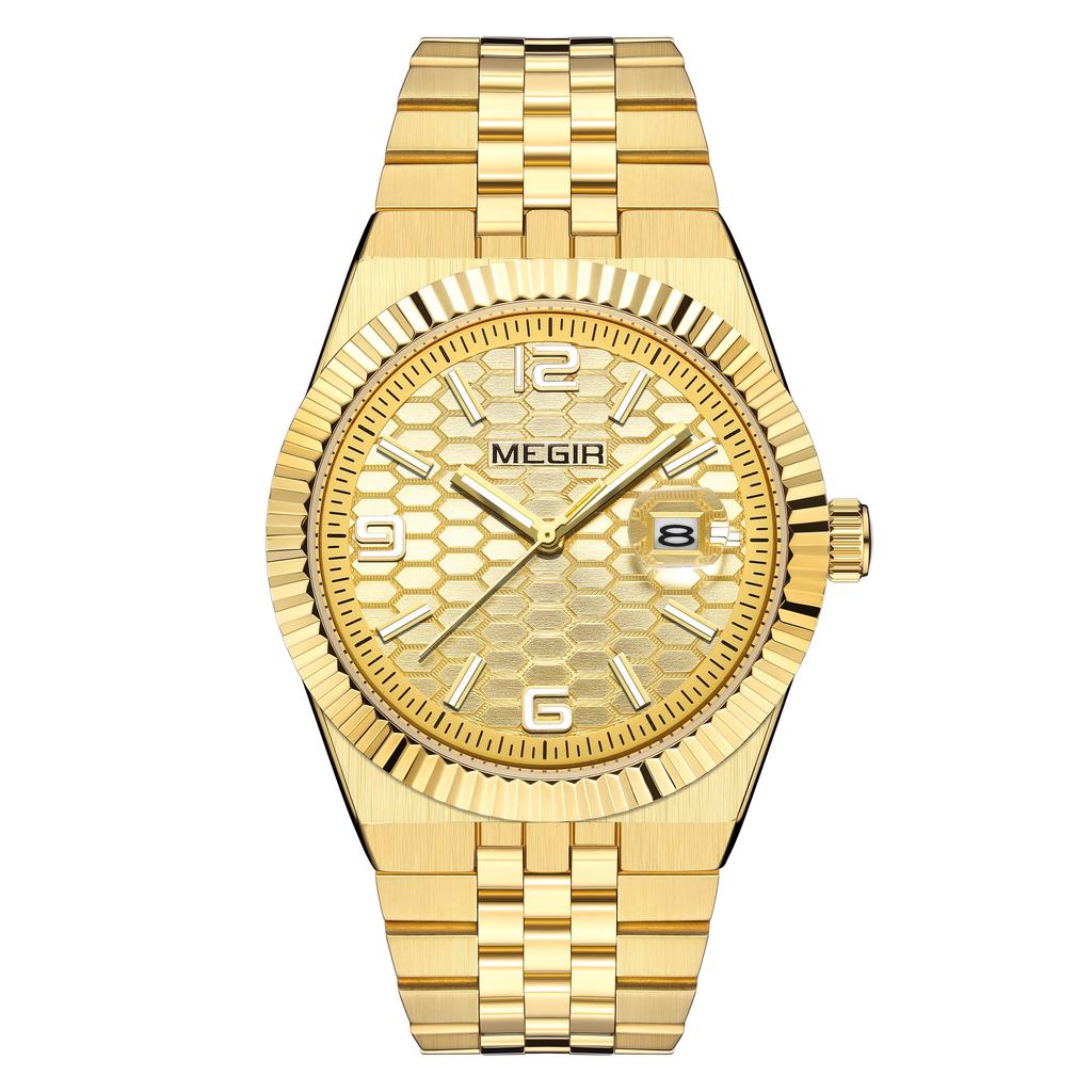 Megir Часы мужские наручные с большим циферблатом, деловые, для отдыха, из нержавеющей стали, водонепроницаемые, люминесцентные, с автодатой, подарок для мужчин, Reloj Hombre 1101