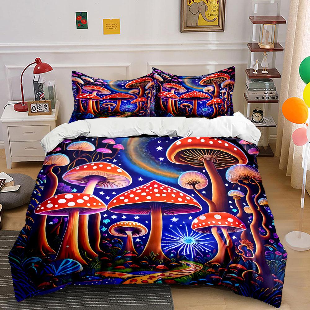 Enchanted mushroom forest under starry sky Print Bedding Set 1 Duvet Cover 2 Pillowcases for Adult and Children Luxury Gift