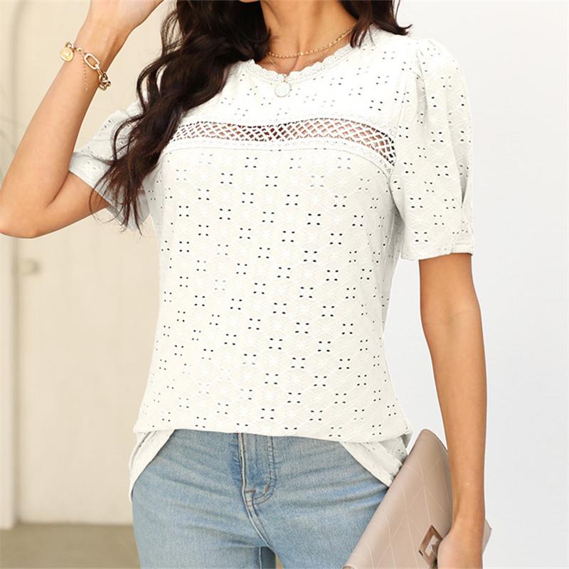 Летняя женская кружевная лоскутная блузка с коротким рукавом розового и белого цвета, повседневная женская пуловер с круглым вырезом, топ