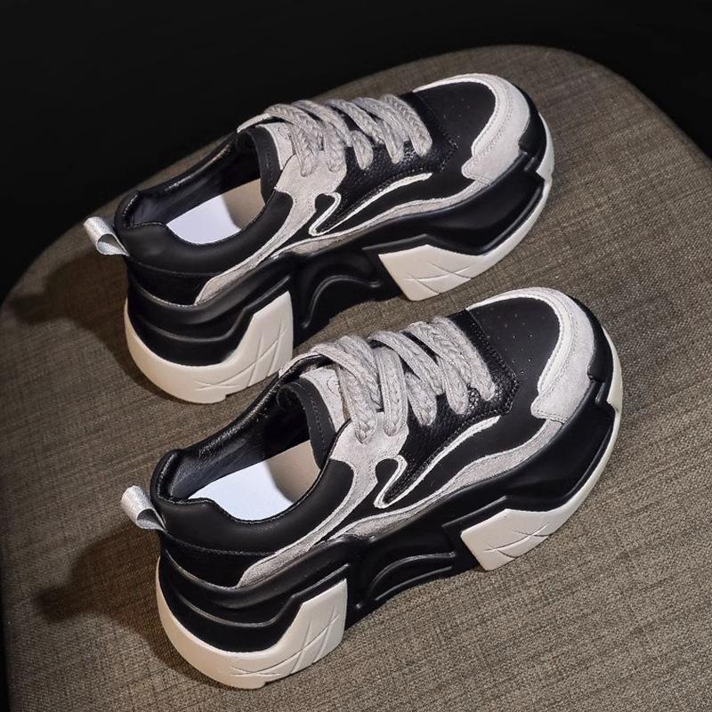 Small Inner Height Increase Dad Shoes Leather Women's Shoes Spring New Lightweight Versatile Platform Casual Sports Shoes