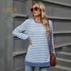 Women Tops Round Neck Long Sleeve Striped Print Tee Shirt Side Split Design Mid-length Pullover Tops Loose Fit Elastic T-shirt