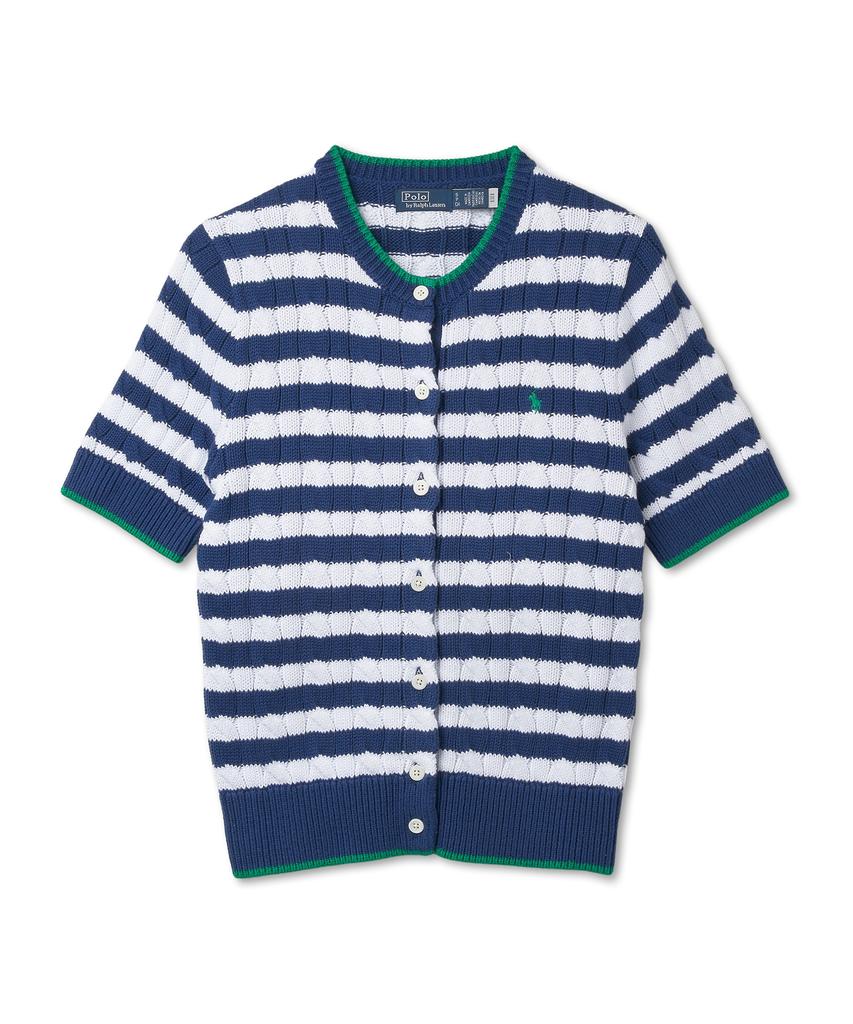 POLO RALPH LAUREN Женский полосатый хлопковый свитер с косами, короткий рукав - Синий Yacht/Белый