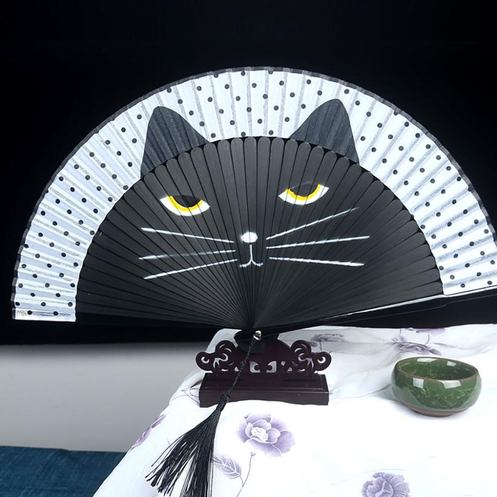pcs Cat Patterns Bamboo Wooden Handmade Summer Gift Home Decoration Silk Fan Folding Fan Fan Crafts