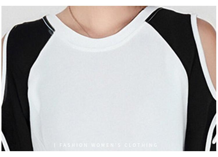 Design sense contrasting color splicing off shoulder top for women's spring loose bow lazy style T-shirt
