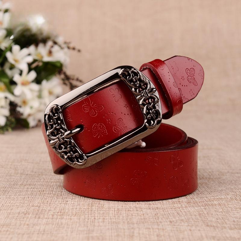 Women's Vintage Engraved Pin Buckle Genuine Cowhide Leather Belt - Versatile Casual Retro Waist Accessory