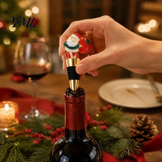 Snowman Bottle Insert Christmas Theme Wine Stopper, Santa Garland Pattern, Zinc Alloy Festive Claus Topper with Silicone Sealing Ring, Leak-proof Cork