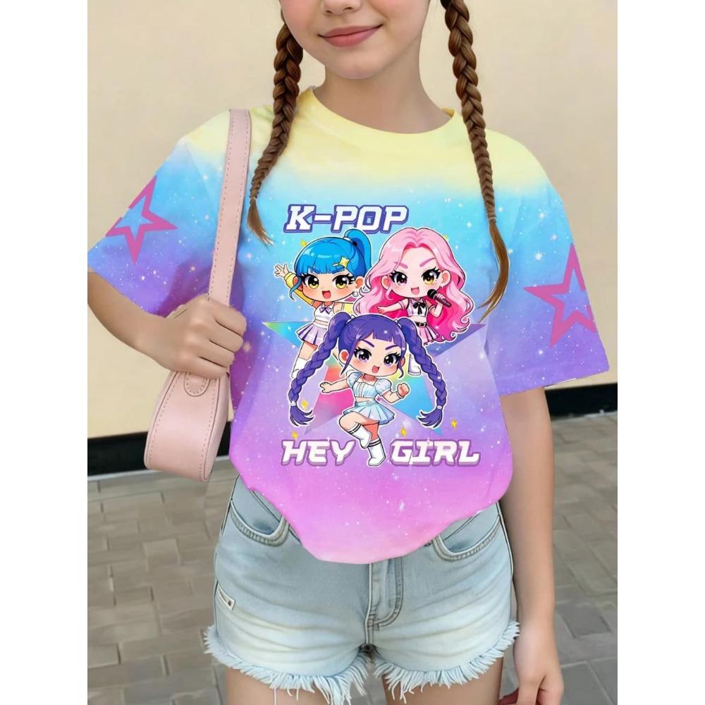Kpop Style Short-Sleeve T-Shirts for Girls Funny Gift for Kids Summer Short Sleeve Tops Casual Round-Neck Outdoor Girls Clothes