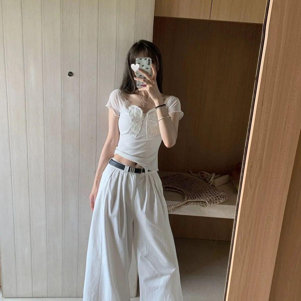 T Shirt With Lace Butterfly Bow Summer Womens White Oversize Designer Cotton