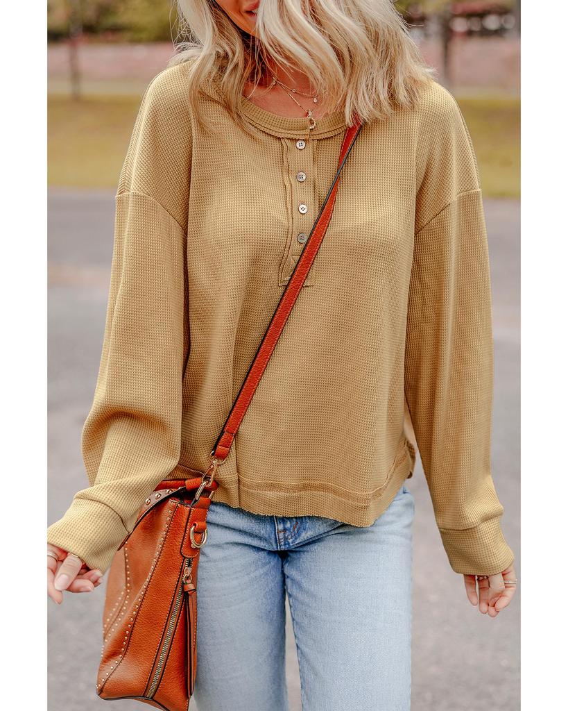 Azura Exchange Camel Textured Knit Half Button Drop Shoulder Oversized Top
