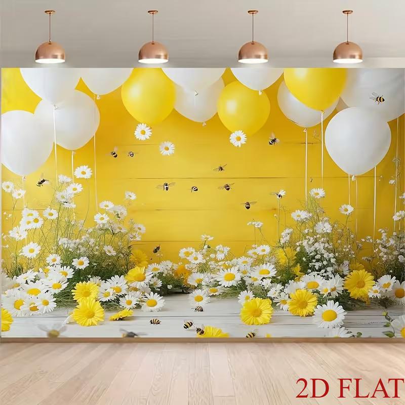 2D Flat Printing Party Backdrop Whimsical Bee and Daisy Spring Scene