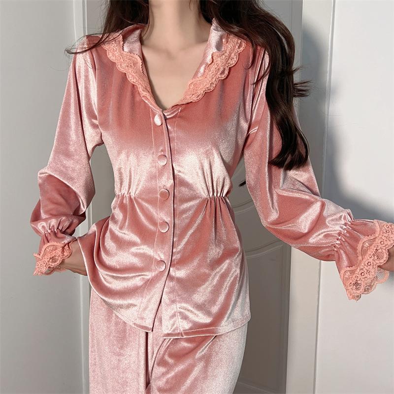 Vintage Palace Style Velvet Pajamas for Women Autumn Winter Pyjama Trouser Suits Loose Pink Lace Trim Velour Nightwear Home Wear