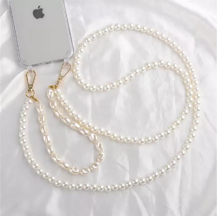 Luxury Fashion Long Pearl Bracelet Chain Transparent Shockproof Waterproof Crossbody Lanyard Phone Case for 11-17 Pro Max