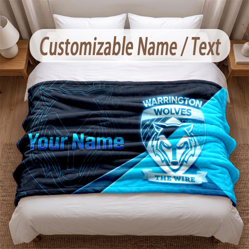 Warrington Wolves FC Printed Flannel Blanket Custom Name Text Soft Warm Throw For Bedroom Holiday Gift