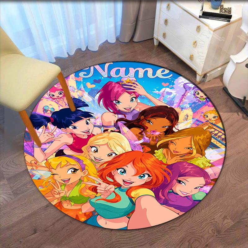 Custom Name Winx Club Printed Round Rug Carpet Chair Rug Area Rug Entryway Doormats,for Office Chair Living Room Bedroom Kitchen Room.