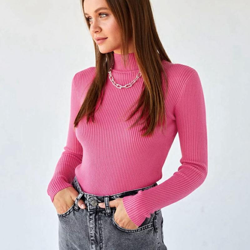 Женский осенне-зимний однотонный свитер с высоким воротником и длинными рукавами, облегающие вязаные топы