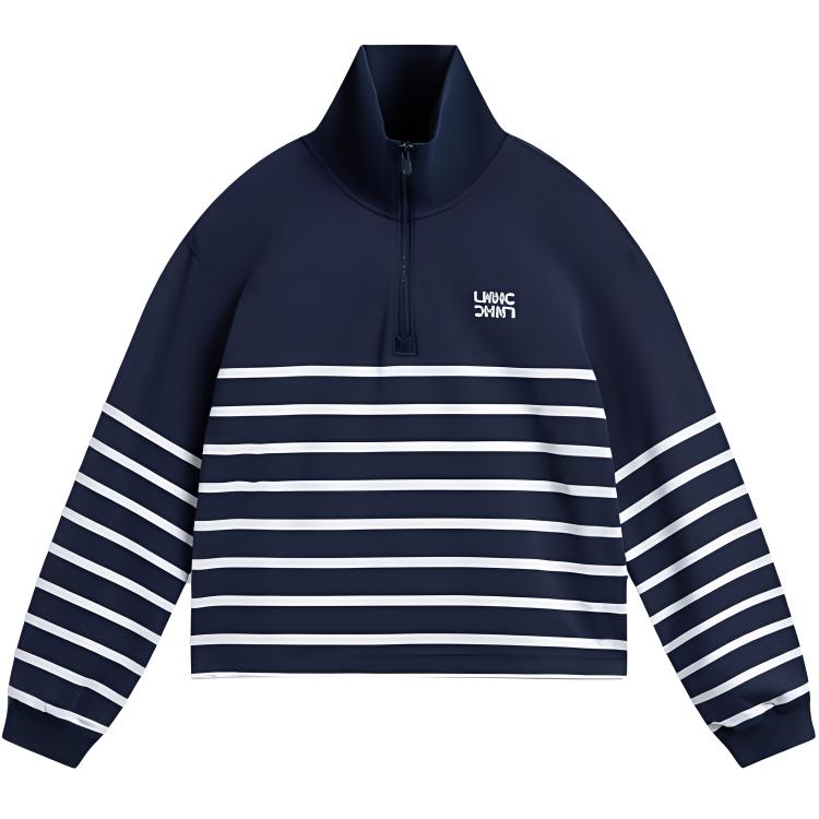 Li Ning Sports Lifestyle Series Casual Minimalist Color Block Striped Stand Collar Pullover Sweatshirt Women Sweatshirt Deep-Navy-Blue AWDV372-2
