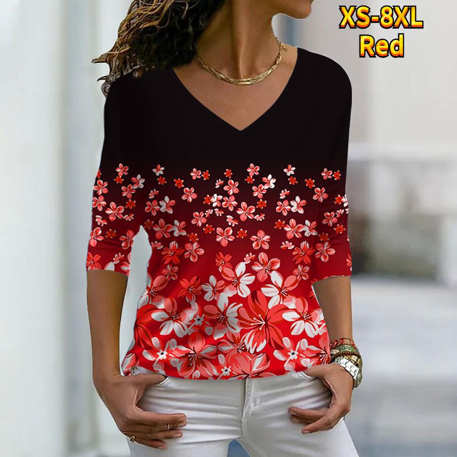 Женские осенние футболки с длинными рукавами и цветочным принтом розовых фрагментированных цветов, свободные футболки с v-образным вырезом размера плюс, топы, удобная блузка
