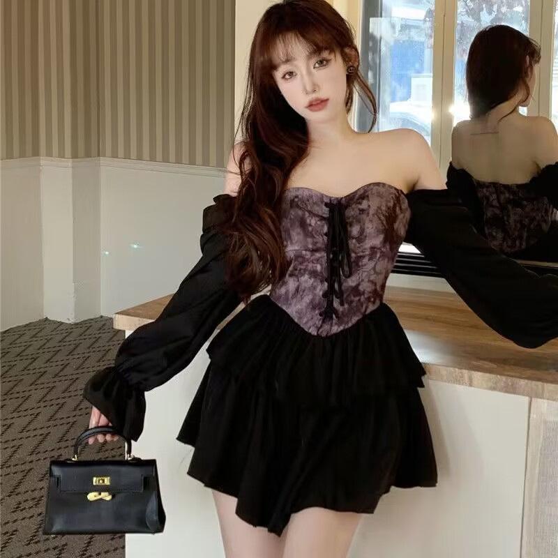 Женское весенне-летнее платье в стиле «тай-дай» с эффектом чернильной росписи, асимметричное на одно плечо, приталенное, с пышной юбкой и завязкой на талии