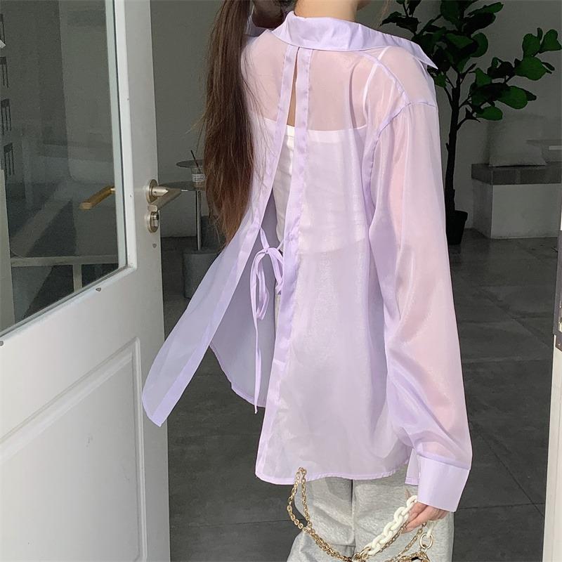 Back Split Lace-up Casual Loose Shirts Women Fashion New See Through Long Sleeve Women's Blouses Thin Breathable Sun Protection Office Lady Tops 26108
