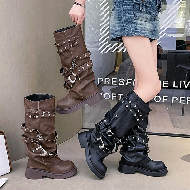 Autumn Biker Boots Fashion Women's Knight Booties Casual Rivet Ladies Short Booties Elegant Belt Buckle Platform Vintage Boots