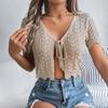 Women Crochet Tops Short Sleeve Lace-up Hollow Design Knitting Tops Sun Protection Summer Vacation Tops
