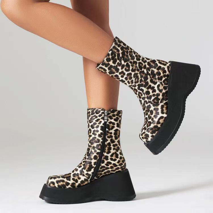 Women Leopard Platform Ankle Boots Fashion Wedges High Heels Shoes Winter 2025 Trend Designer New Pumps Goth Chelsea Botas Mujer