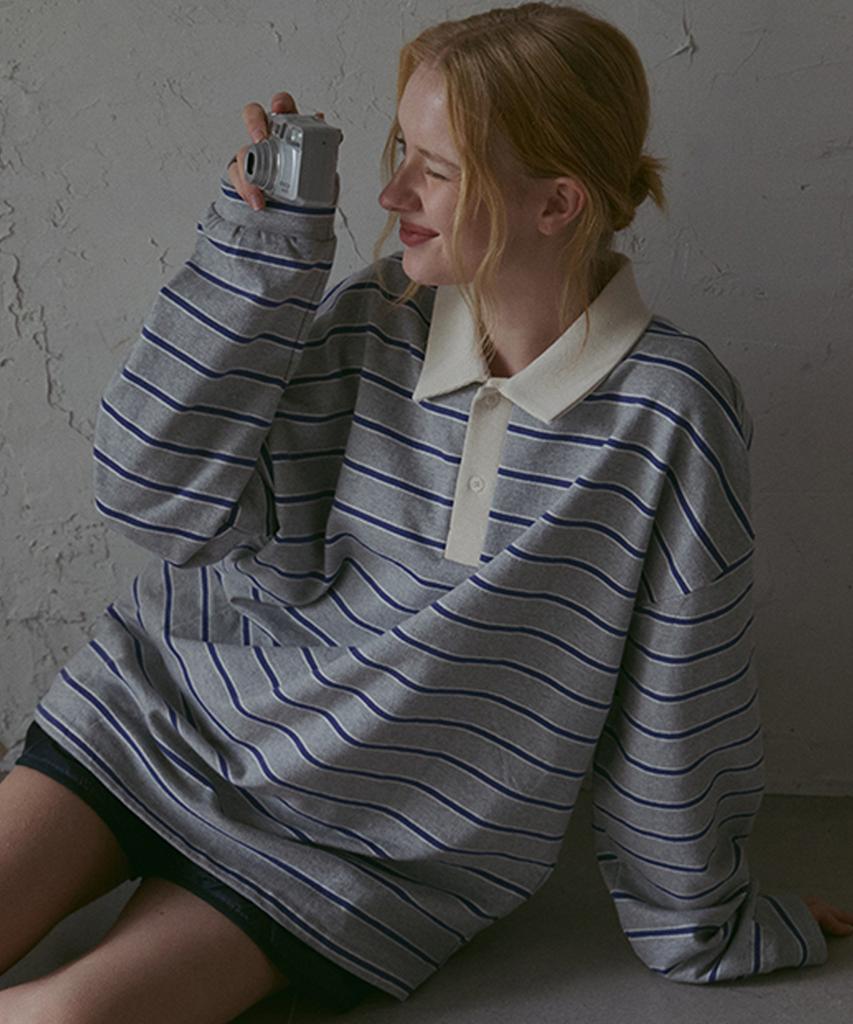 ODER Striped Collared T-Shirt (Fleece/Terry) - Gray