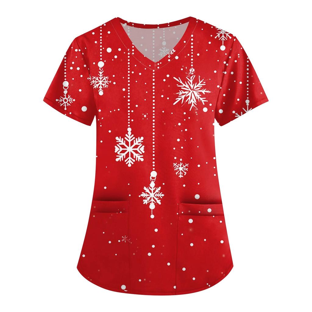 Женская симпатичная рабочая одежда с принтом, V-образным вырезом, двухслойными карманами, базовым коротким рукавом, пуловером на Рождество