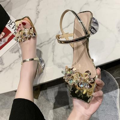 Роскошные женские брендовые сандалии на массивном каблуке, обувь на среднем каблуке, сезон: весна–лето, новая мода, платье с кристаллами, вечерние женские тапочки с открытой пяткой