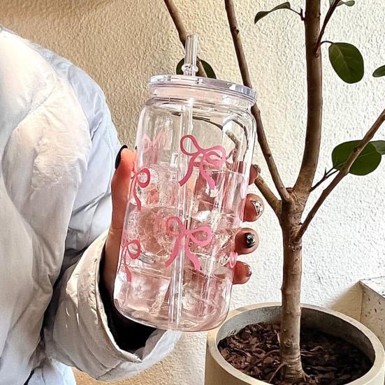 Кружка для воды Милые принты с бантиками Бутылка для воды в форме банки Мейсона 500 мл