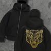 Men's Black Hooded Zipper Jacket with Gold Tiger Pattern, Sporty and Casual Loose Autumn and Winter Jacket, Outdoor Jacket, Street Style