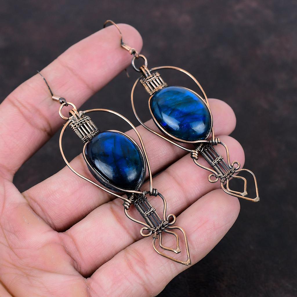Серьги из синего огненного лабрадорита, серьги из медной проволоки с драгоценными камнями, ювелирные изделия из меди ручной работы, уникальные серьги в подарок для матери, ювелирные изделия из проволоки