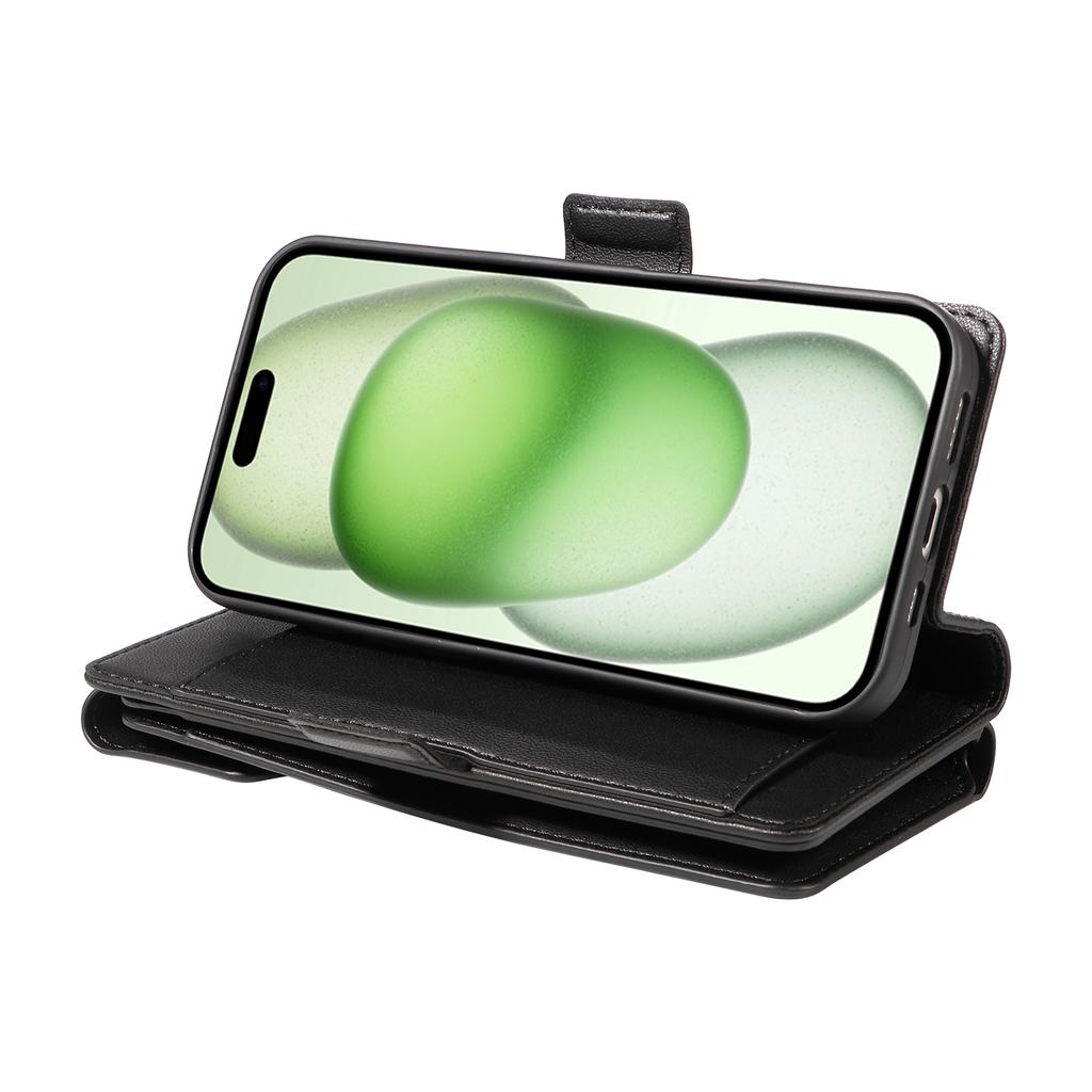 For iPhone 15 Case with Multi-Card Holder and Strap PU Leather Phone Cover Stand