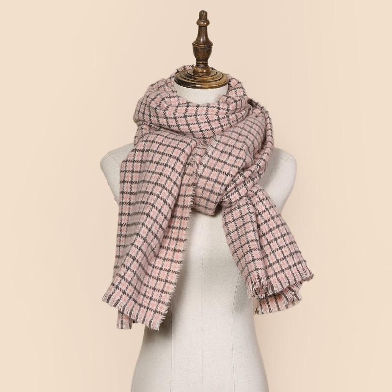 Autumn and Winter Versatile Retro Color Matching Small Plaid Scarf Comfortable and Warm Small Thousand Bird Plaid Shawl Scarf Elegant
