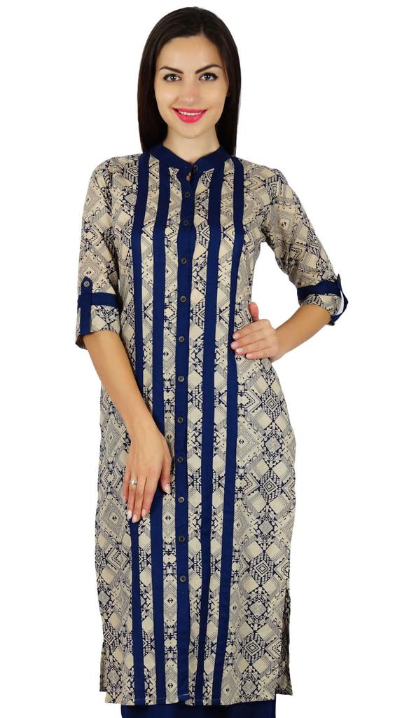 Bimba Women Blue Mandarin Collar Cotton Kurta Straight Kurti With Pockets Casual Summer Tunic