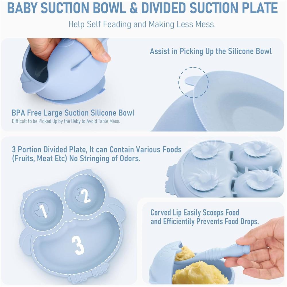 10-Piece Baby Feeding Set, Silicone Bib with Plate, Suction Bowl, Snack Cup, Spoons, Allergy-Free, Blue
