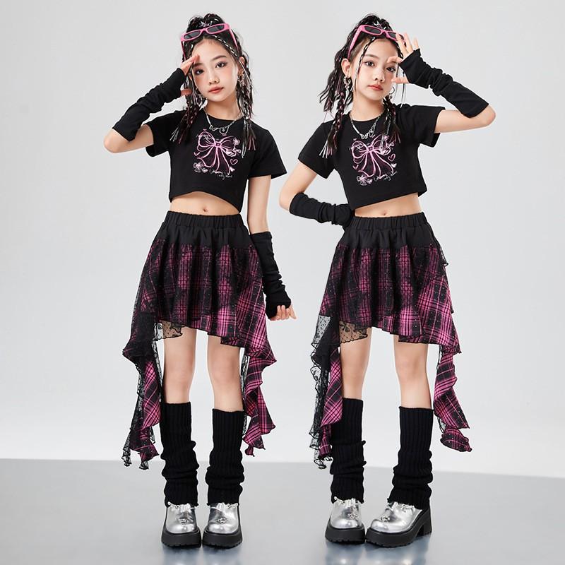 Girls Jazz Dance Costume Kids Stage Performance Outfit Sweet Cool Bowknot Dancewear