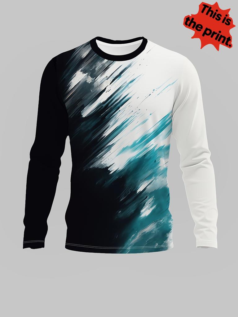 Abstract brushstrokes long-sleeved T-shirt, printed blue and blue black and white gradual change art pattern top