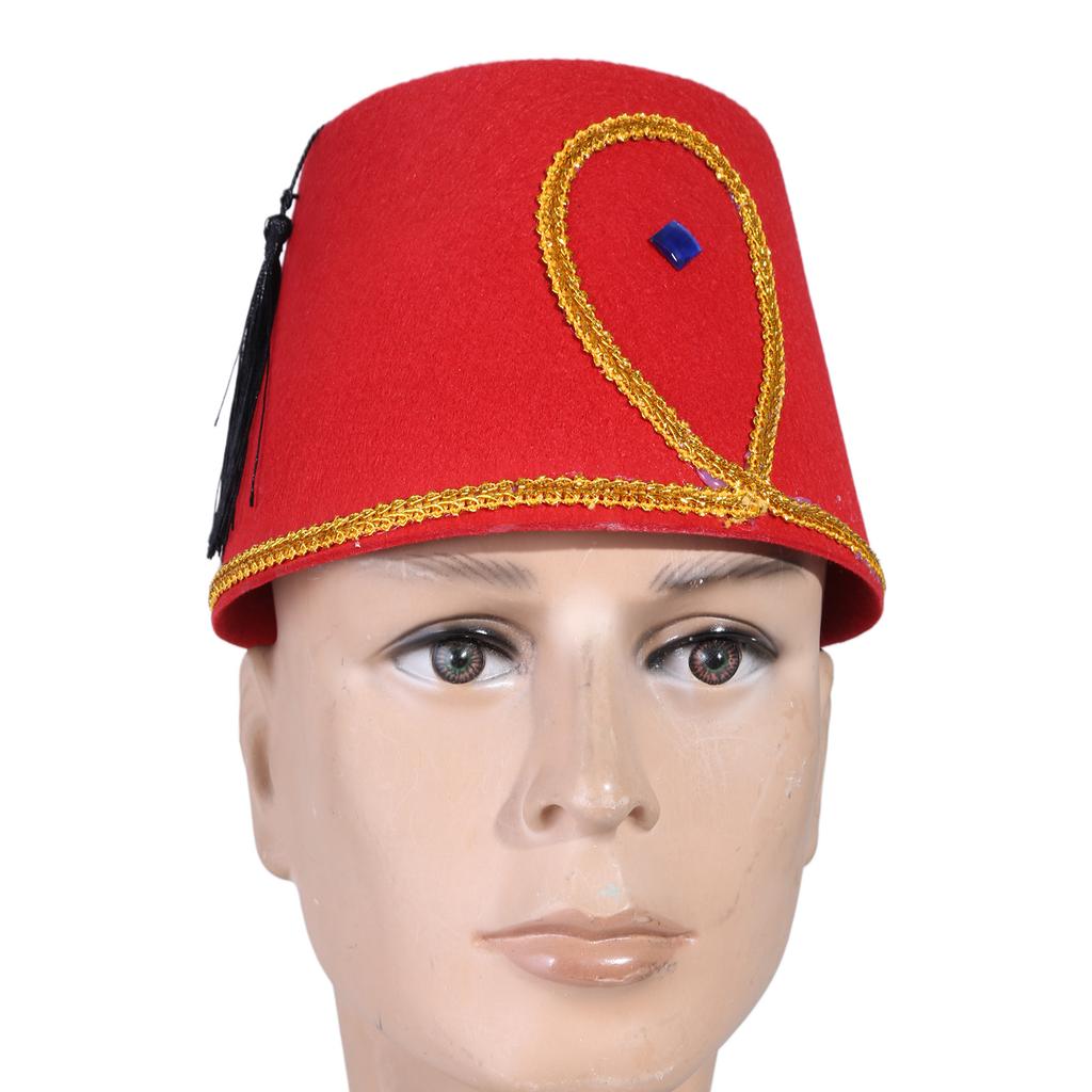 Экзотическая турецкая шляпа Марокканский тематический головной убор с золотой отделкой Черные кисточки Шляпа феска Египетская тематическая шляпа Уникальный головной убор