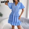 Women's Fashion Solid Color Print Summer Spring Short Sleeve V-Neck Loose Casual Dresses