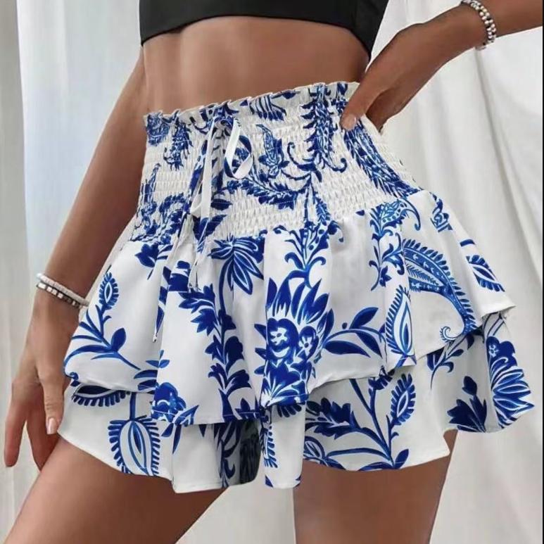 Женская модная юбка с цветочным принтом, плиссированная юбка, короткая юбка с рюшами и принтом
