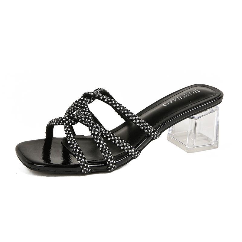 2025 spring and summer new rhinestone thin belt transparent crystal thick heel European and American square head fashion cool heels, versatile ou