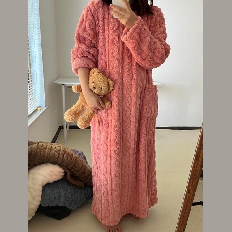 Soft Flannel Women's Nightgown Thickened Jacquard Sleepwear Dress Solid Color Comfortable Night Dress